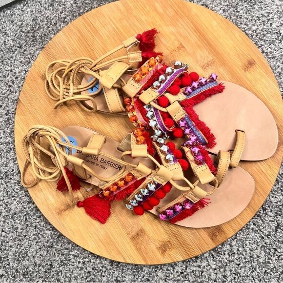 Sz 7.5 Barbara Barbieri Leather Lace Up Tassel Studded Pom Pom Strappy Sandals - Picture 5 of 13